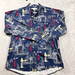 Tribute Nautical Sailboat Lighthouse Anchor Print Button Down Shirt Men's Large
